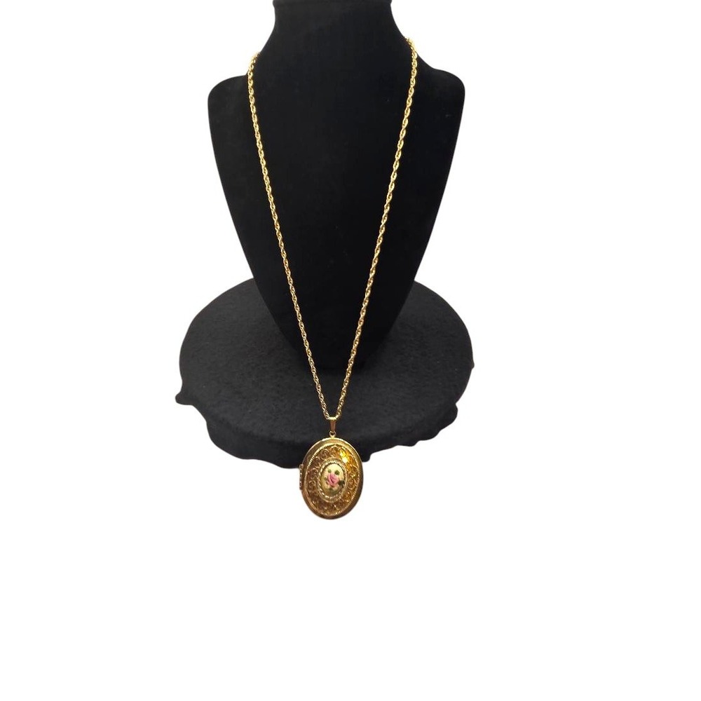 Ornate Gold Tone Round Locket Necklace Painted Enamel Floral Rose Vintage Style